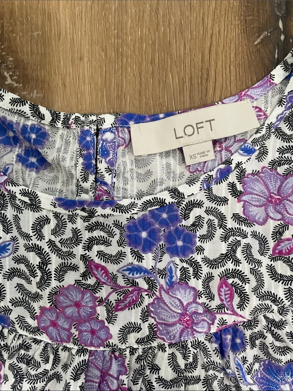 LOFT Floral Puff Sleeve Top in Purple, Blue & White